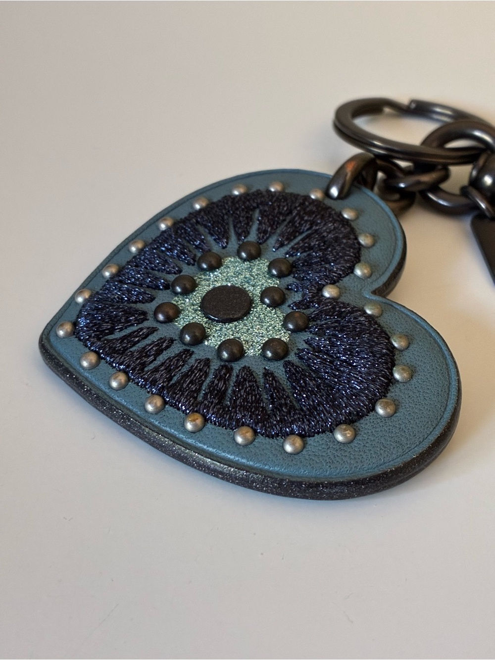 Coach Embroidered Glitter Heart Bag Charm Key Chain With Rivets, Blue / Gunmetal - Picture 11 of 16